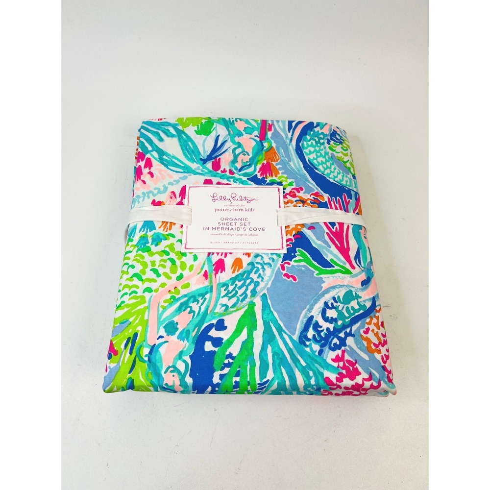 Lilly Pulitzer Pottery Barn Kids Mermaid's Cove Organic Queen Sheet Set New